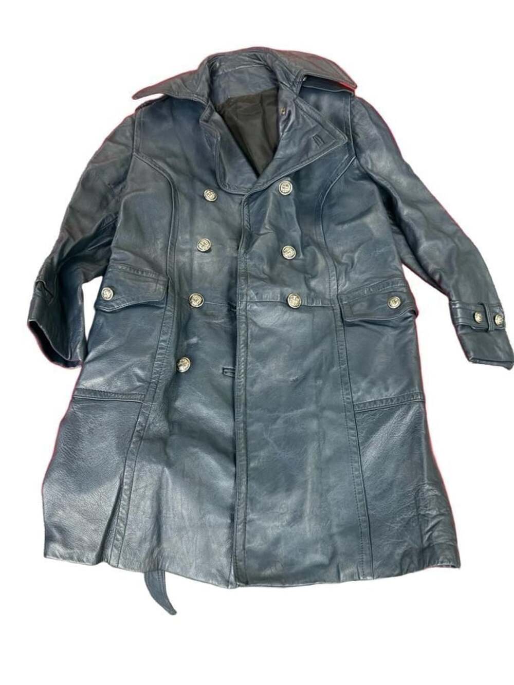 Men's General Long Navy  WW2 Military German Naval U-Boat Leather Trench Coat